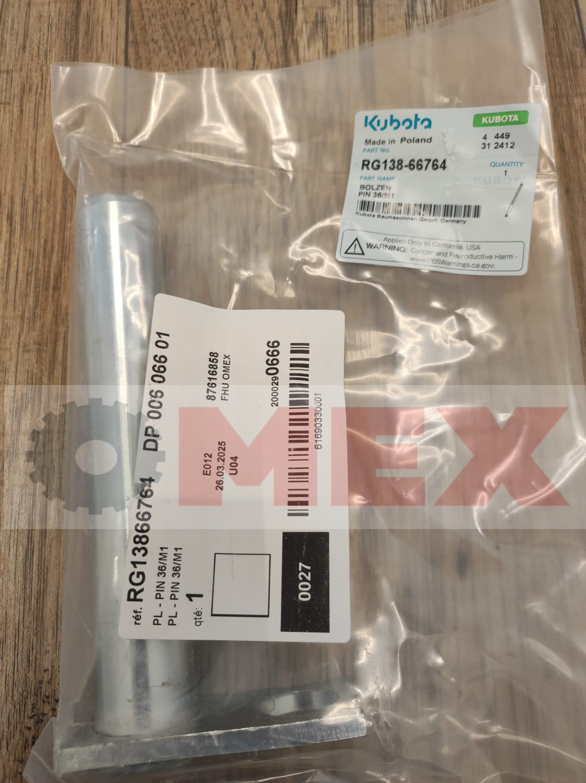 Sworzeń główny łyżki do Kuboty KX018-4